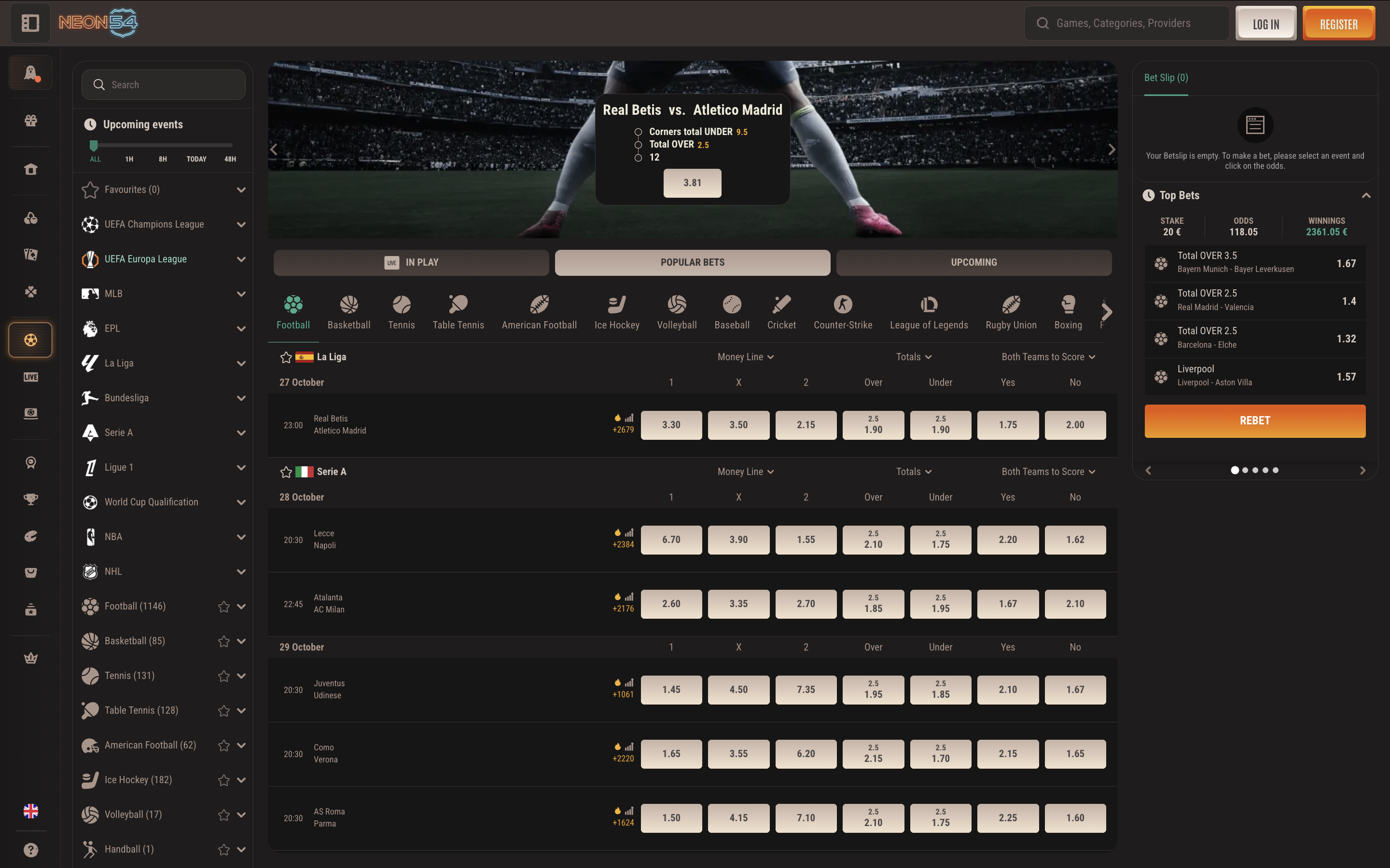 Sports Betting at Neon54 Banner